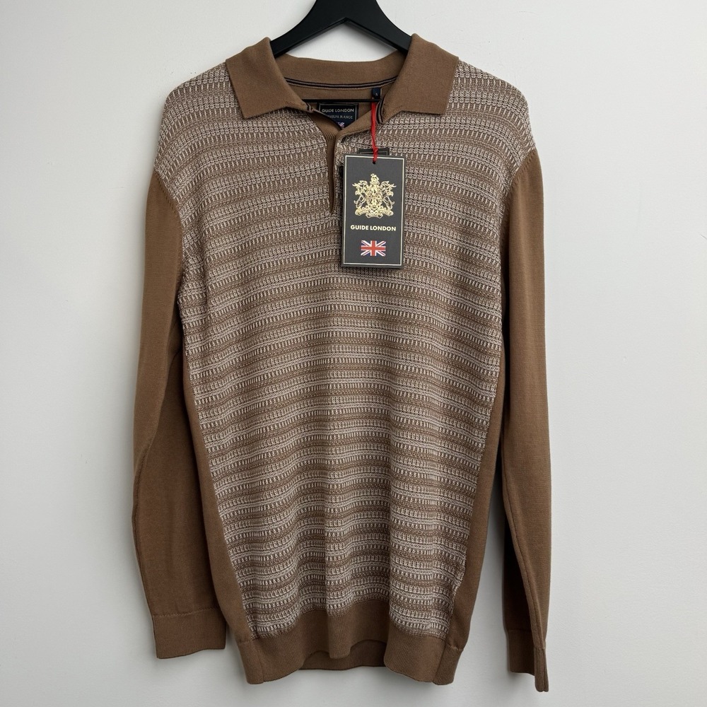 Guide London Premium Range Sweater Mens S Brown Stripe Knit UK Long Sleeve NWT